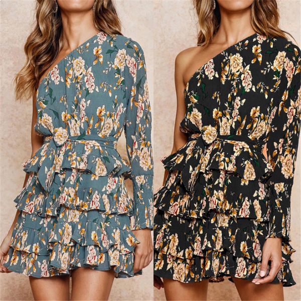 

2021 new floral summer beach shoulder elegant party plied dress ladies in dresses tj34, Black;gray