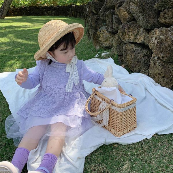 

spring new 2021 korean princs girls' two piece lace drs children 1070, Red;yellow