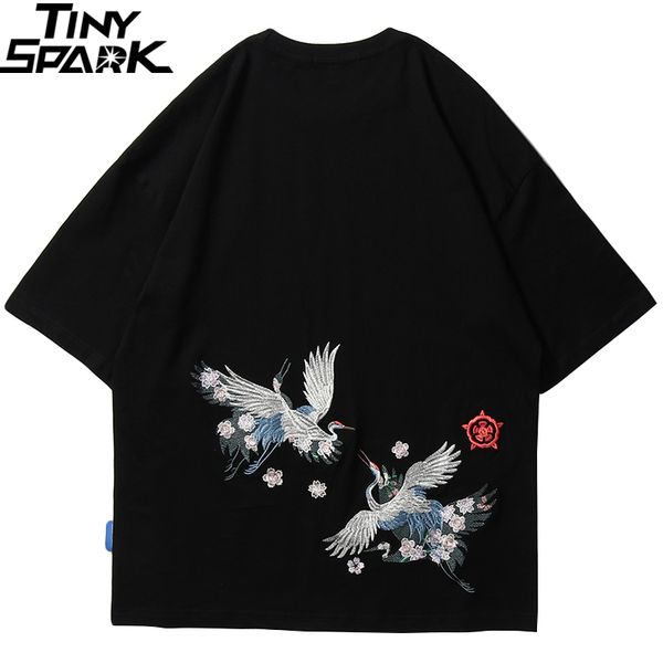 

hip hop t shirt men 2020 harajuku embroidery crane t-shirt streetwear japanese style clothing cotton tshirt black tees new 1021, White;black