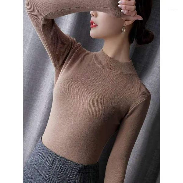 

new spring women's knitwear fashion half turtleneck sweaters lady small size slim body full color pullovers base knit 1, White;black