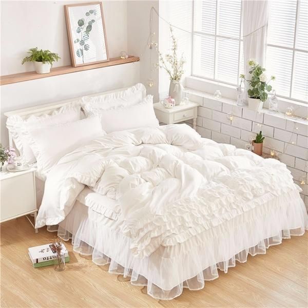 

bedding sets lace bed skirt four-piece solid color princess suite1