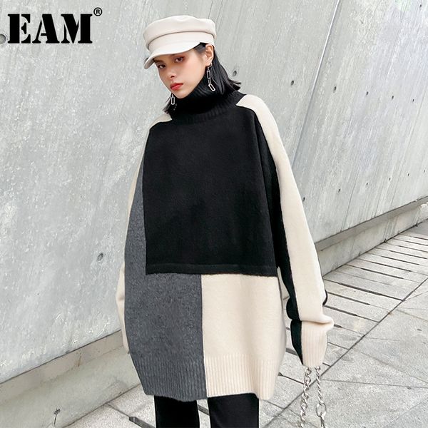

[eam] big size contrast color knitting turtleneck sweater loose fit long sleeve women new fashion autumn winter 2021 1dd2577 210203, White;black