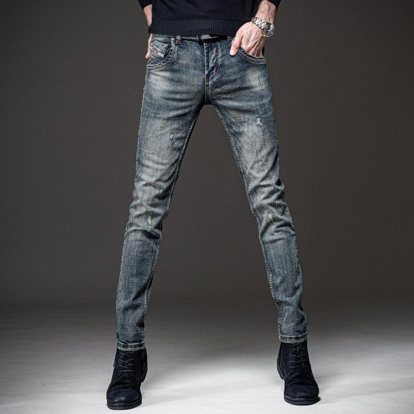 

men's jeans vintage ripped men cotton straight slim fit pants streetwear retro color distressed denim trousers, Blue