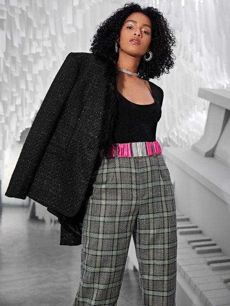 

fuzzy single button front tweed blazer n0mv#, White;black