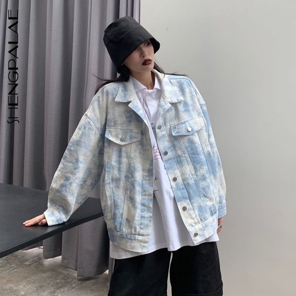 

shengpalae autumn women turn-down collar single breasted solid vintage female loose streetwear tie dye denim jacket za5442 201028, Black;brown