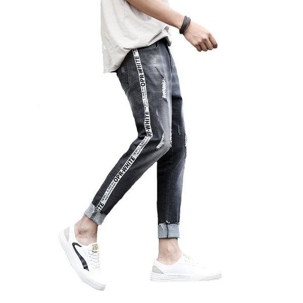 

ripped hole denim jeans male striped ribbon harajuku teenagers spirit guy social people all-match beggar ankle length pants, Blue