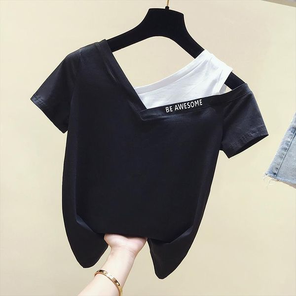 

2020 short sleeve one shoulder white t shirt women cotton club summer female green t shirt women tee shirt femme