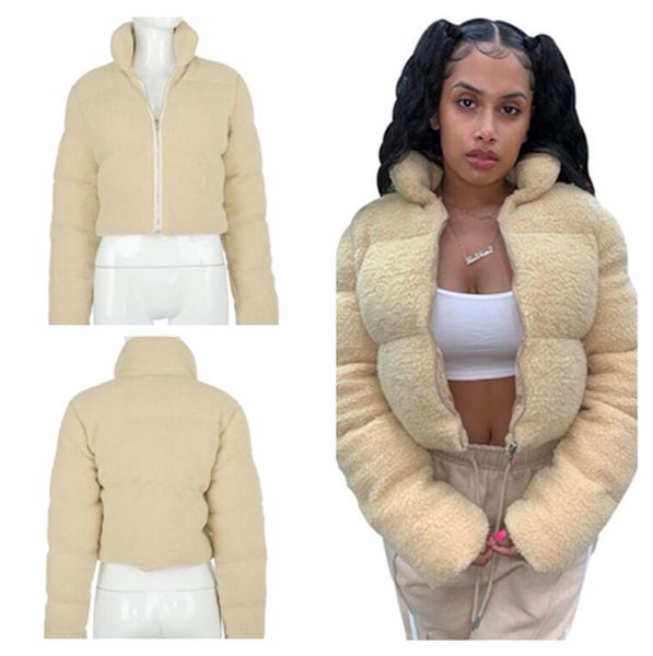 

women winter coats sherpa fleece solid color zipper cardigan stand-up collar warm cotton-padded jacket womans thickened outerwear d111103, White