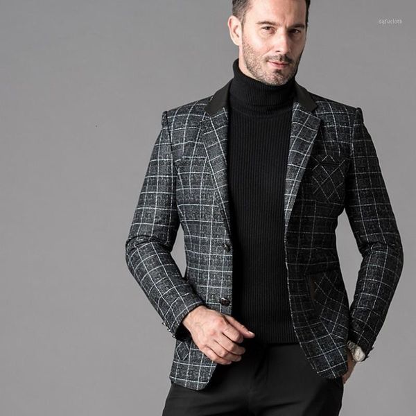 

luxury mens sheepskin genuine leather formal suit jacket slim fit business man plaid blazer coat wedding party dress jackets 5xl1, Black