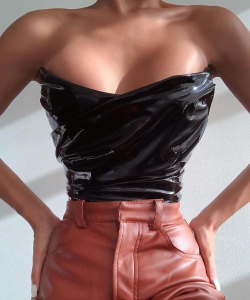 

women's tanks & camis tank women 2021 waist corset low cut pu strapless sling glossy leather crop clubwear cincher winter female cl, White