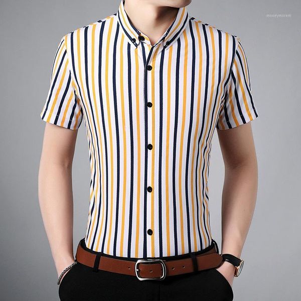 

men's casual shirts korean clothes brand men stripe print shirt for short sleeve no pocket slim fit anti-wrinkle summer shirt1, White;black