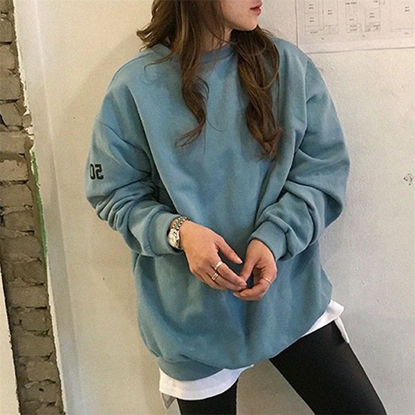 Buchstaben Drucken Hoodie Damen Herbst Koreanische Kausale Übergroße Lose Plain Pullover Tops Basic Harajuku Streetwear Sweatshirt Grau T200723