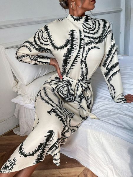 

scroll print mock neck belted dress h5a0#, Black;gray