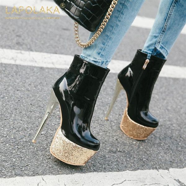 

lapolaka plus size 48 thin high heels fashion party bling boots woman shoes zip up platform ankle boots female, Black