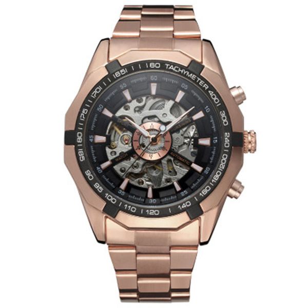 

mens watch black hollow automatic mechanical mens wrist watch luminous wristwatchs stainless steel wrist watchs folding buckle watch alloy, Slivery;brown