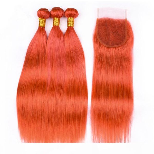 

virgin peruvian orange human hair weaves with closure silky straight colored orange virgin hair bundle deals with 4x4 front lace closure, Black