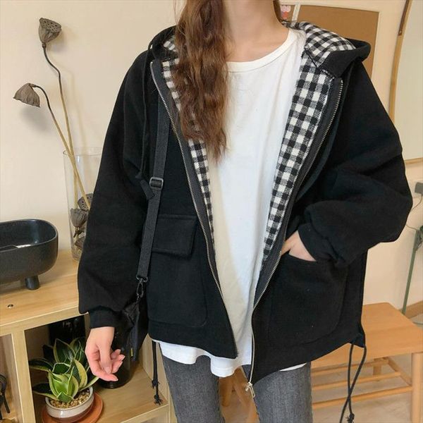 

jackets women plaid hooded autumn outwear coats casual ins loose oversize harajuku teens streetwear bomber jacket plus size, Black;brown