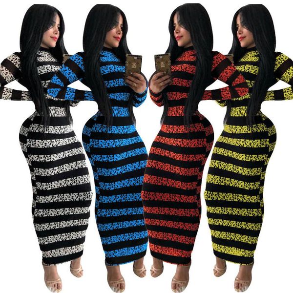 

casual dresses s-3xl women's striped print dress spring and autumn long sleeve round neck pencil maxi plus size mid-waist, Black;gray