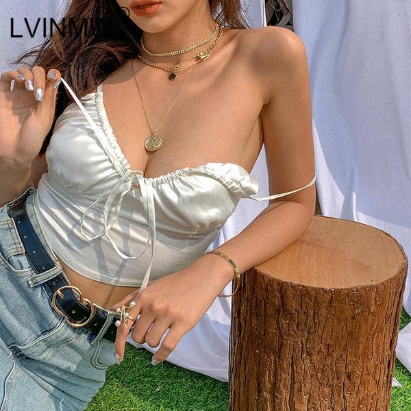 

women's tanks & camis llvinmw lace up drawstring bow ruched camisole 2021 summer women solid low cut backless slim crop party stree, White