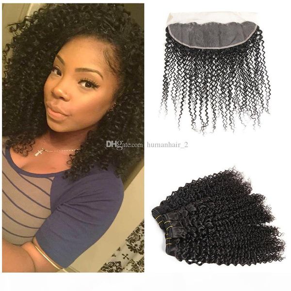 

brazilian kinky curly human hair wefts with 13x4 lace frontal ear to ear full head natural hairline with baby hair around ing, Black;brown