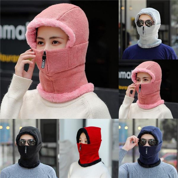 

women winter knitted hat new add fur lined warm winter hats for women with zipper keep face and ear warmer balaclava cap, Blue;gray