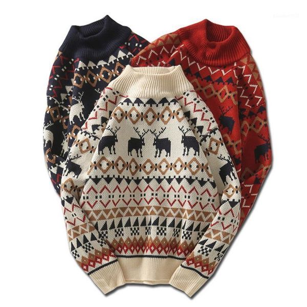 

men's sweaters christmas printed deer sweater fashion men knitwear streetwear jersey pull homme half turtleneck vintage1, White;black