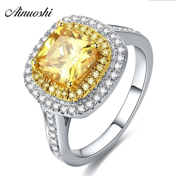

ainuoshi 2.5 carat cushion cut yellow sona bridal halo rings 925 sterling silver women wedding rings lover wedding jewelry gifts y200106, Slivery;golden