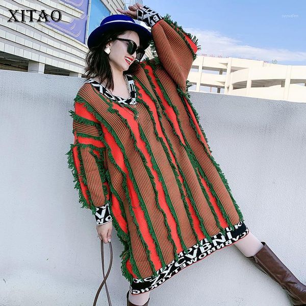 

xitao striped patchwork casual sweater women letter tassel winter tide fashion style v neck collar long sleeve pullover zy17681, White;black