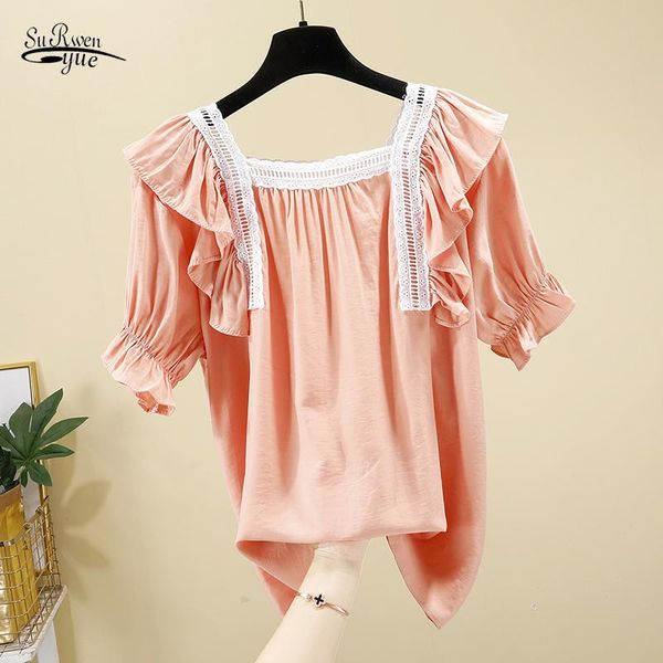 

korean style women chiffon blouse blusas mujer de moda 2021 summer solid square collar clothes blusas elegantes 9416 50, White