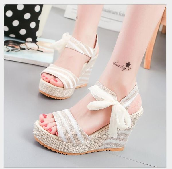 

korean version of the new sandal lace lace waterproof platform, thick bottom slope heel with high heel fish mouth sandal woman, Black