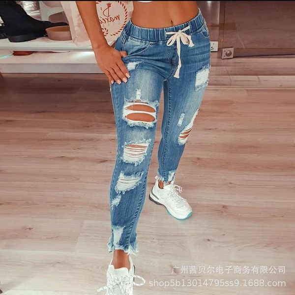 

wepbel women's fashion hip hop broken holes denim jeans drawstring ripped pencil pants drop shipping good quality, Blue