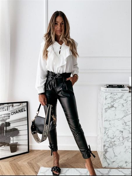

2020new women black faux leather pants high waist belt sashes pockets office ladies slim trousers, Black;white