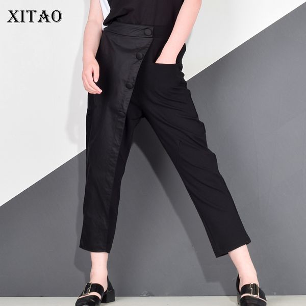 

xitao black tide long harem pants women elastic waist button fly casual modis front patchwork female trouser 2019 autumn ljt3926 1017, Black;white