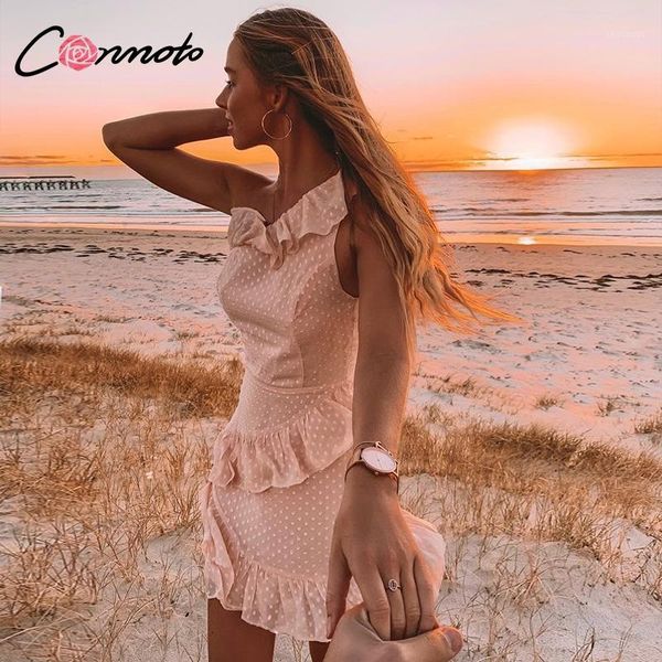 

conmoto casual polka dot short party dress girls 2020 summer new one-shoulder sleeveless ruffle chiffon dress women vestidos1, Black;gray