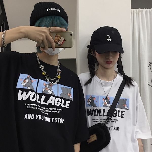 

2020 summer couple's cat andshort sleeve t-shirt women's insfashion net red versatile loose korean student coat t-shirt 0rmhq 0r, White