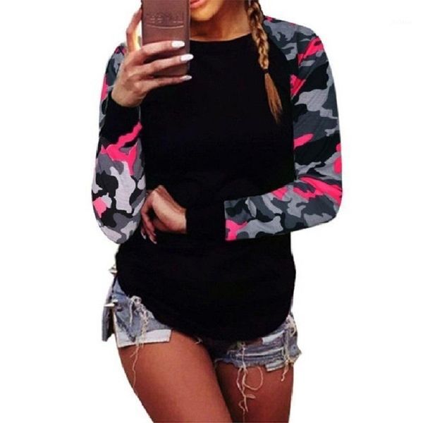 

naiveroo trendy spring patchwork army camouflage women t shirt long sleeve round neck tees t shirts plus size s-5xl1, White