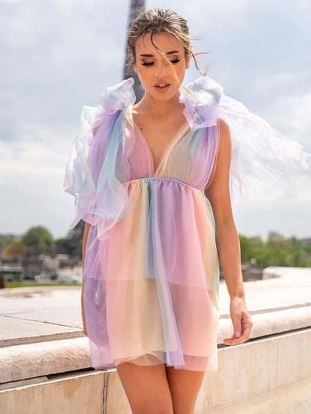 

tied shoulder ombre organza dress she, Black;gray