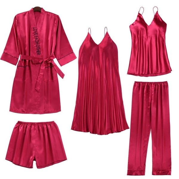 Sexy Spitze Nachtwäsche 5PCS Pyjamas Anzug Homewear Rot Satin Hause Kleidung Casual Nachtwäsche Sommer Kimono Bademantel Kleid Nachthemd Y200708