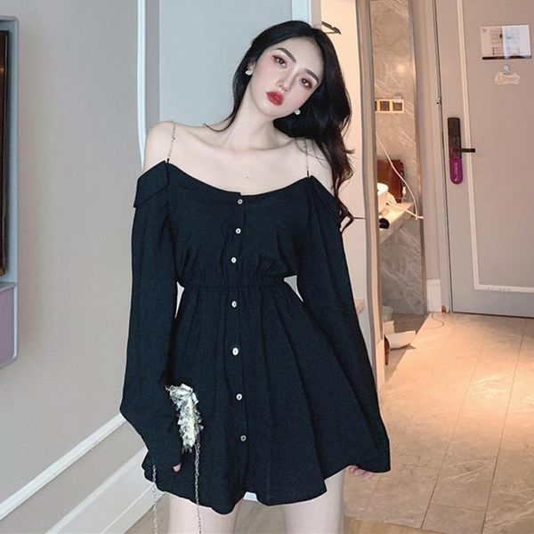 

spring summer 2021 punk style gothic girls high waist sling dress women long sleeve off shoulder mini dresses plus size, Black;gray