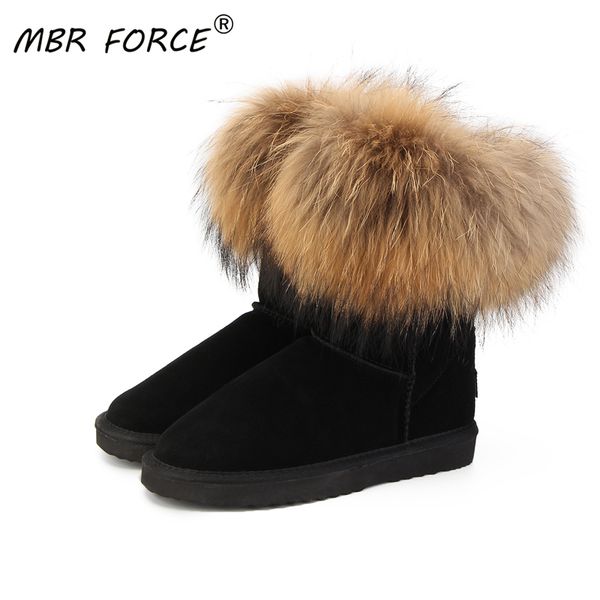 

mbr force fashion women's natural real fox fur snow 100% genuine cow leather women female warm winter boots shoes q1104, Black