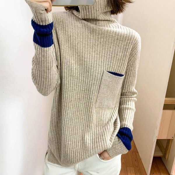 

women's sweaters winter vintage lady pocket turtleneck long sleeve pullovers female casual spliced knitted shirts autumn clothes, White;black
