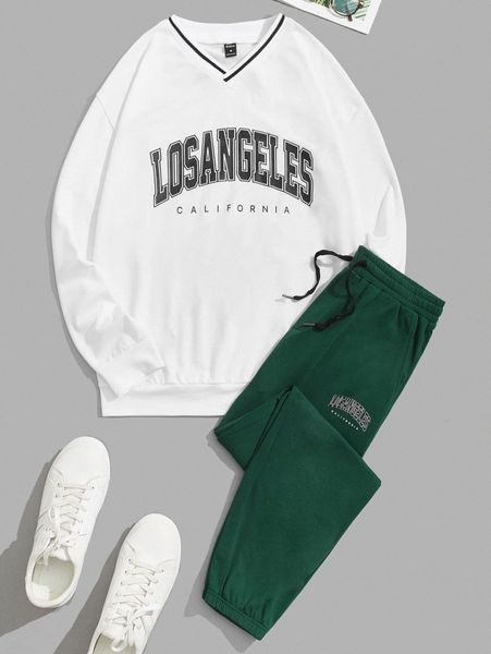 

men letter graphic pullover and joggers set z9mj#, Gray