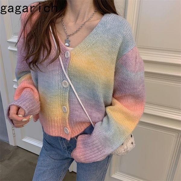

gagarich sweet rainbow sweater korean style autumn new thin soft color matching loose v-neck outerwear cardigans fashion 201202, White;black