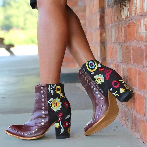 

autumn new fashion boot women high heels work shoes plus size outdoor vintage embroidery floral single shoe short booties1, Black