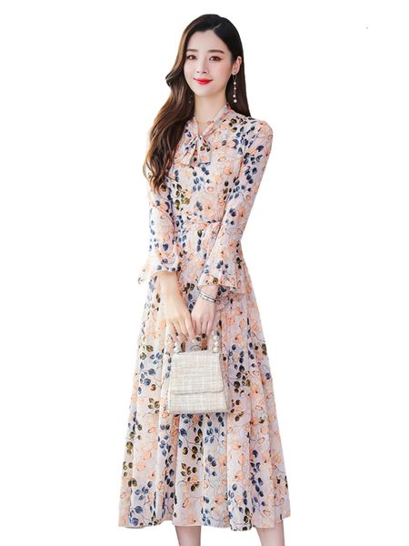 

mode track dressed in autumn ladies chiffon impression elegant party holiday dress long bow necklace dress burning sleeve h00116, Black;gray