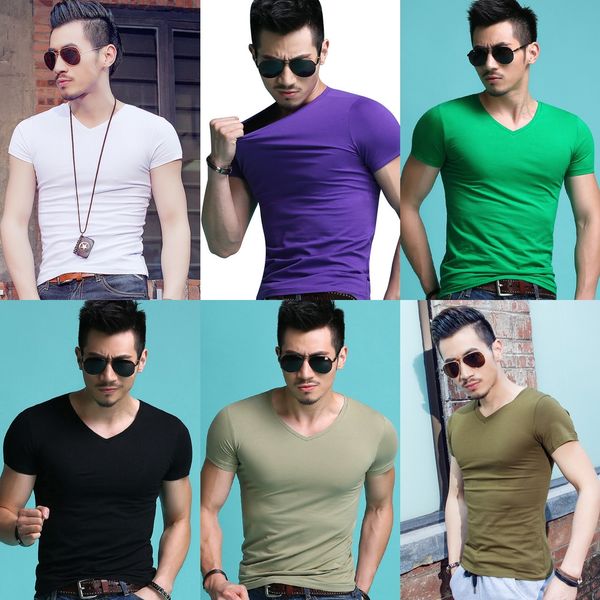 

spring t- shirtand summer v-neck slim fit short sleeve men's t-shirt youth tight bottoming shirt lycra cotton 180g m2 85018 k4r8p, Blue