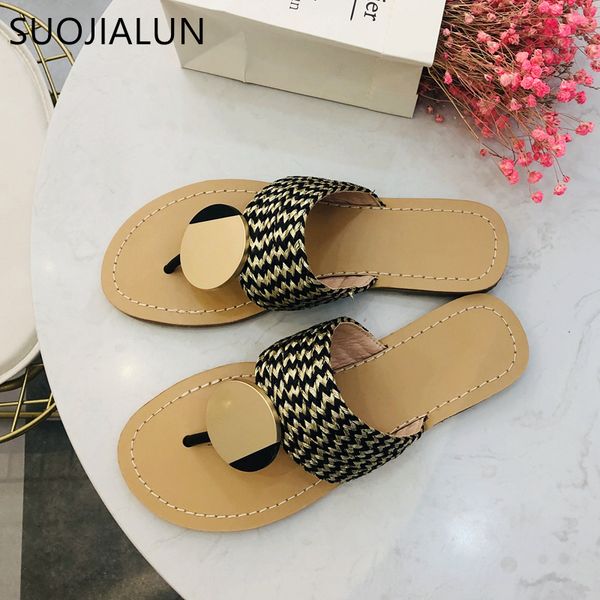 

suojialun women summer beach slipper fashion metal flat heels slippers ladies summer women sandal slip on causal flip flop 200928, Black