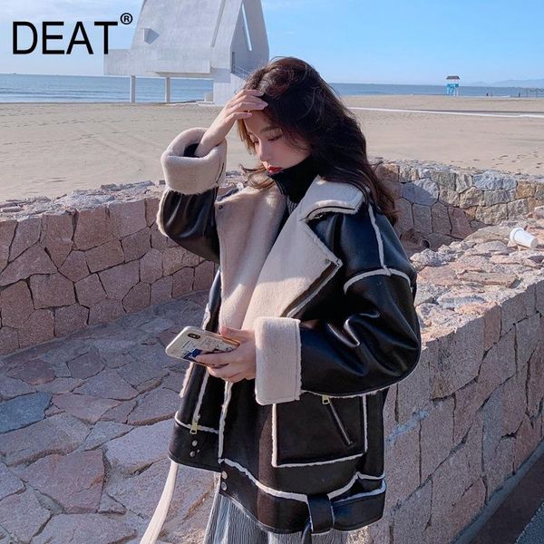 

deat] jacket women pu leather lambswool patchwork slim wild casual zipper full sleeve lapel 2020 new winter fashion tu928, Black