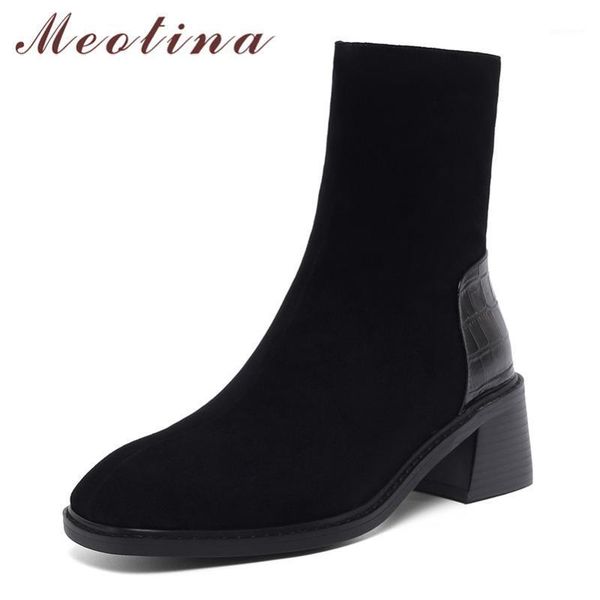 

meotina kid suede real leather high heel ankle boots women thick heels boots shoes square toe zipper female autumn black1, Black