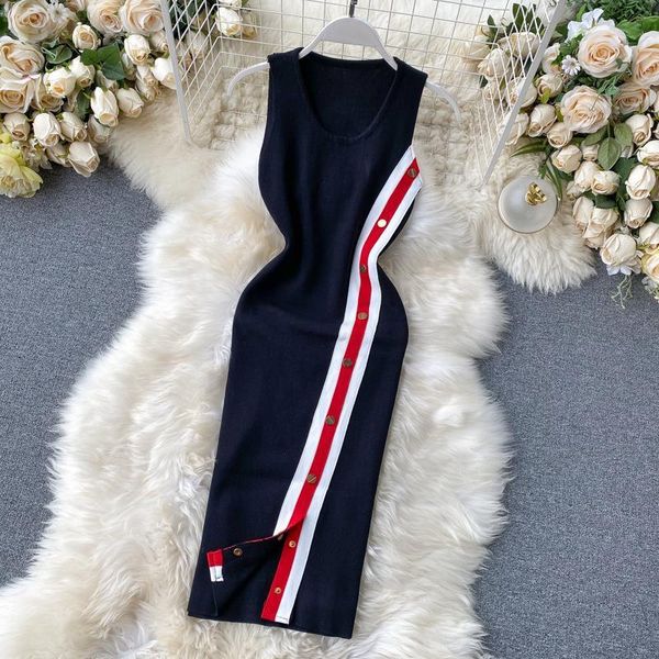 

women summer women knitting patchwork button sheath stretchy dress ladies knit sleeveless slim vestidoes dresses drop shipping, Black;gray